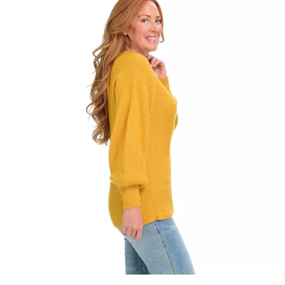 Women’s Theo & Spence Rib Knit Mustard Balloon Sleeve V-Neck Sweater - Picture 3 of 6